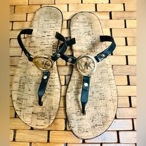 Michael Kors Women Black and Gold Thong Sandals, Cork Inside Soles, Size 6.5